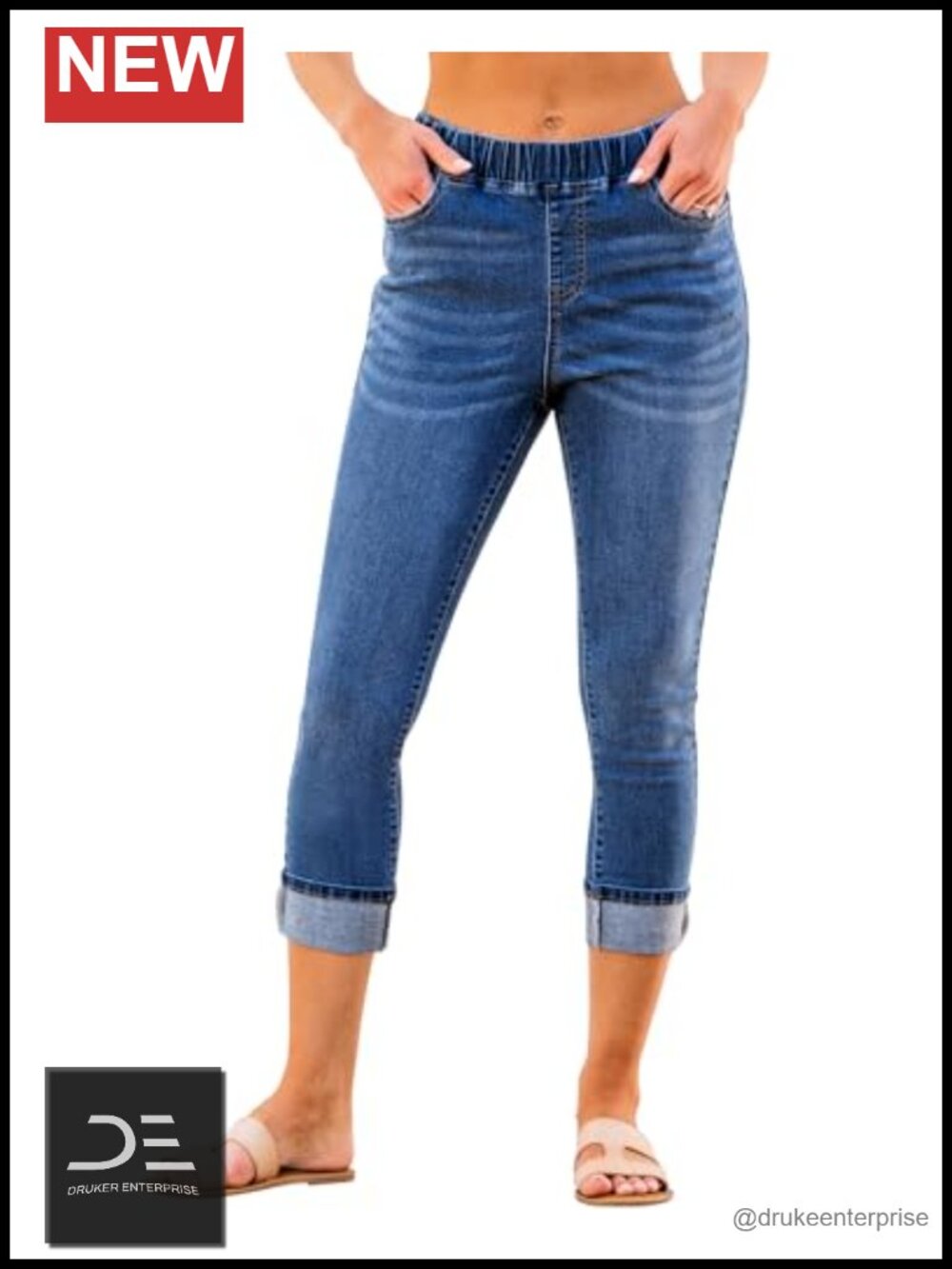 High Waisted Pull On Skinny Capri Jeans with Pockets Stretch Denim Crop Jeggings